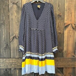 Taylor Ruffle Boho Dress Size 10 Blue Yellow Stripes Mixed Pattern Polka Dot‎